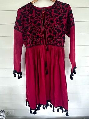 Embroidered Tassel Boho Dress in Deep Red and Black NWOT